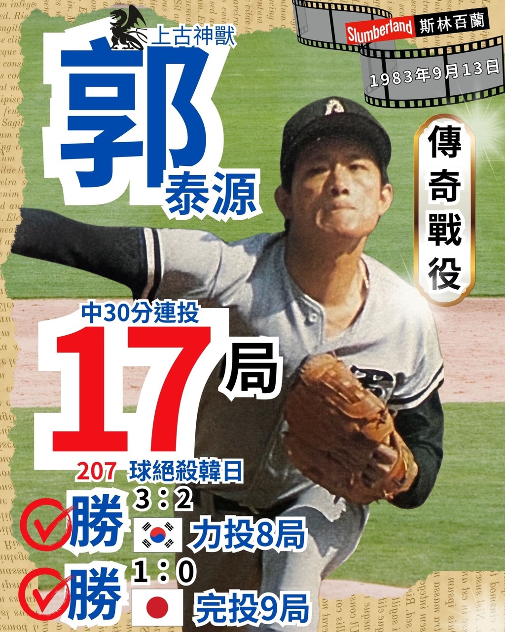 歷史傳奇戰役/郭泰源1日投17局 207球連勝韓日 歷史傳奇戰役/郭泰源1日投17局 207球連勝韓日